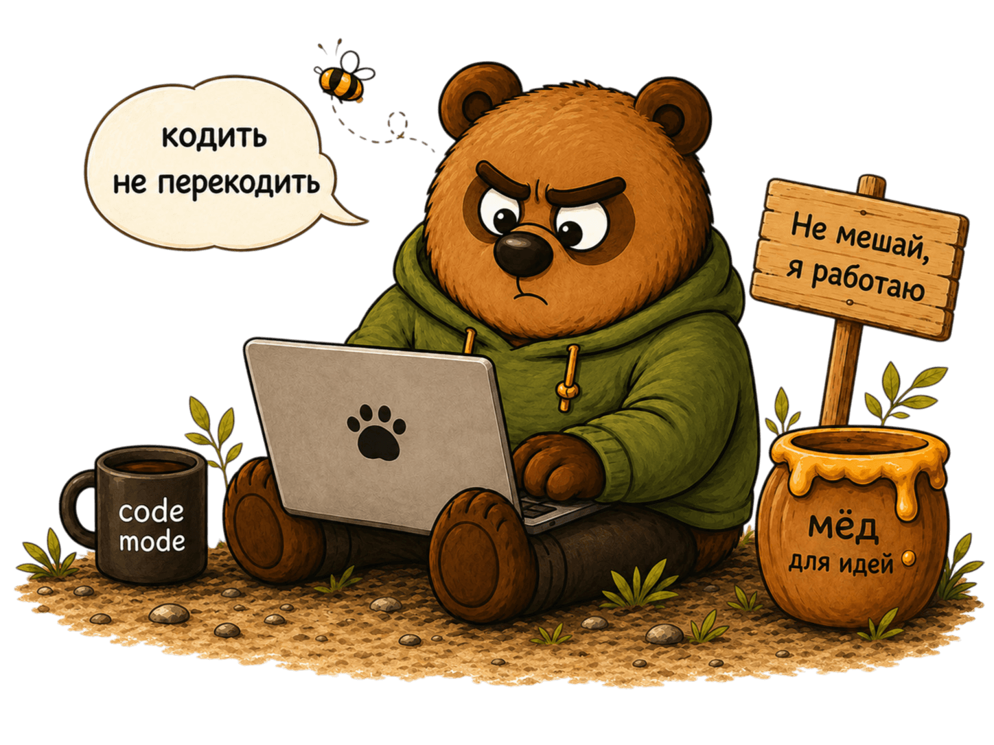 Медведь Zloypuh работает за ноутбуком